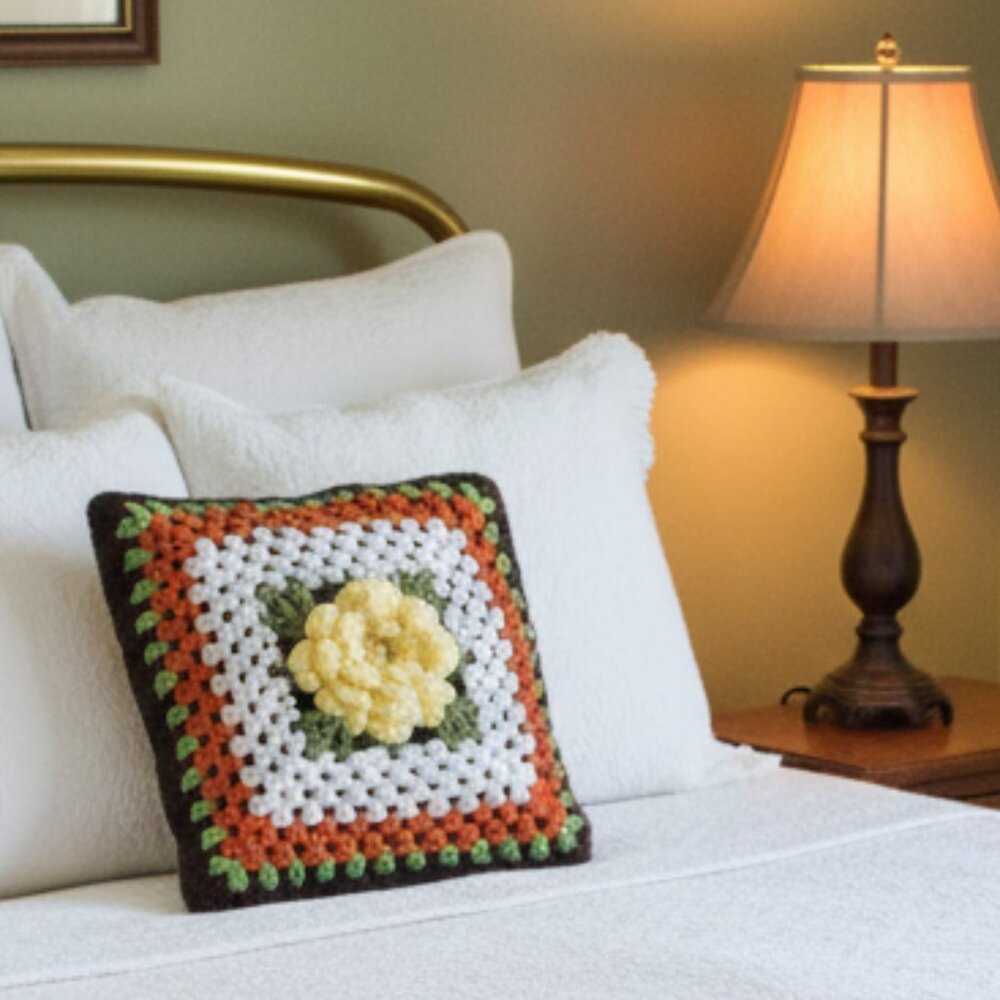 Handmade Crochet Yellow Rose Square Pillow Cover 15x15 Shabby Chic Decor